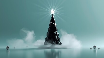 Surreal Geometric Christmas Tree with Glowing Star and Floating Ornaments on Teal Cloud Background