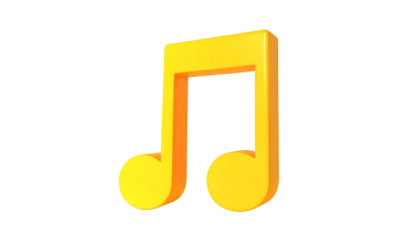 A 3D rendered yellow music note, front view, isolated on a black background