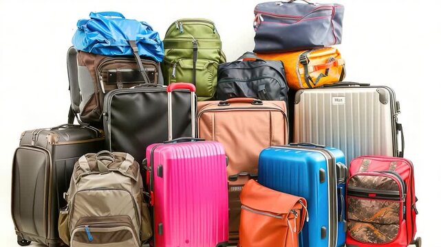 Video A collection of suitcases and bags stacked on top of each other