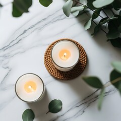 Candlelight on Marble Surface with Eucalyptus Leaves
