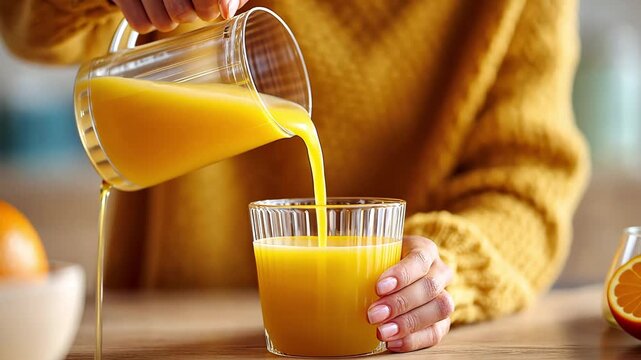Person pouring fresh orange juice from a pitcher into a glass
