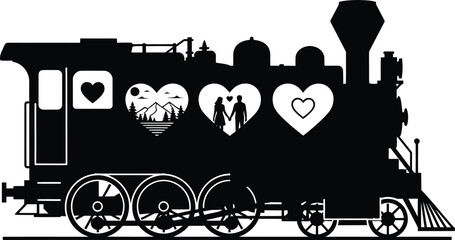 Romantic Steam Train Silhouette with Hearts, Mountain Landscape, and Loving Couple