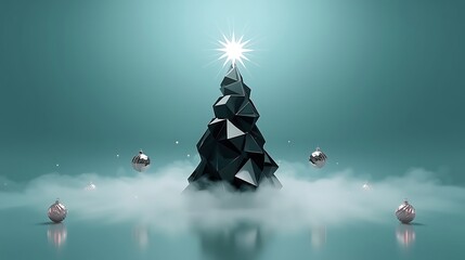 Surreal Geometric Christmas Tree with Glowing Star and Floating Ornaments on Teal Cloud Background