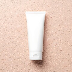 Clean white lotion or cream tube on a pink background with water droplets