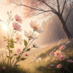 Cozy spring background with sunlight, flowers and soft textures, warm pastel palette, lifestyle greeting card