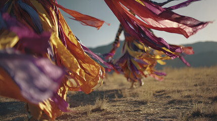 A low-angle dynamic shot capturing the movement of colorful fabric ribbons and skirts worn by traditional dancers performing outdoors in a dry landscape.
