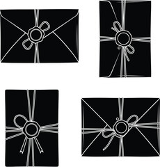 Collection of Sealed Envelopes and Gift Packages with Wax Seals and Ribbons - Hand-drawn Silhouette Illustrations