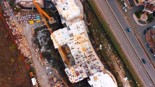 Circling over the roof of the building under construction. Lots of debris scattered around the structure. A crane stands over the building.