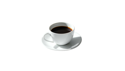 A white cup of black coffee sits on a matching saucer, illuminated with bright sunlight