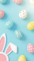 Colorful Decorated Easter Eggs with Bunny on Blue Background