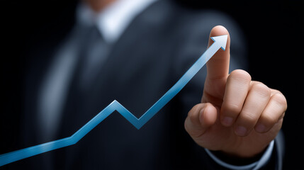businessman touching growth graph arrow line going up with business plan or market analysis on virtual screen, rising and growing concept of large "monstrous" figures. business suc
