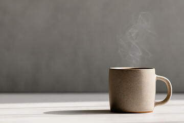 winter hygge atmosphere, soothing setting a ceramic mug steams in soft natural light, creating a peaceful january ambiance