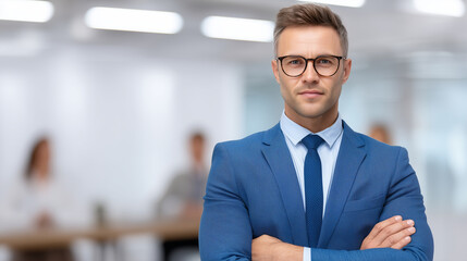 Fototapeta premium a confident business man standing in front of his team at the office, wearing glasses and blue suit with tie, portrait photography, corporate se