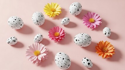 Colorful Decorative Eggs and Flowers Arrangement on Pink Background
