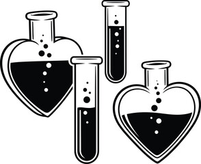 Chemistry of Love: Bubbling Heart Flasks and Test Tubes Monochrome Vector