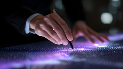 Futuristic Tech Interaction: A focused individual in a professional suit interact with interactive digital table, utilizing a stylus to navigate the data. The scene is bathed in a cool.