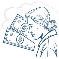 Obraz premium Woman smelling dollar bills in profile view with blue lines on white background