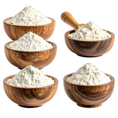 A collection of four wooden bowls filled with white flour on a black background.
