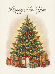 Vintage Christmas Tree with Gifts Happy New Year Card