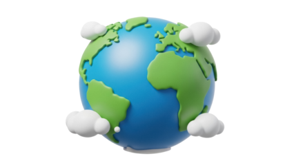 Cartoon Earth globe with clouds PNG isolated on transparent background, planet with continents and oceans for education and environmental concepts