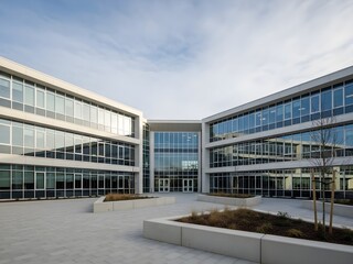 Obraz premium Modern Office Building Exterior: Bright Day, Glass Facade, Courtyard, Commercial Real Estate, Architecture