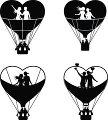 Romantic Couple Silhouettes in Heart Hot Air Balloons - Love, Adventure, and Valentine's Day