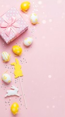 Colorful Easter Eggs and Bunny Decorations on Pink Background