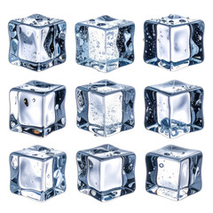 A grid display of nine distinct, photorealistic ice cubes against a black background.