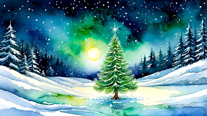 Silent night: a breathtaking watercolor painting of a lonely holiday tree in the woods