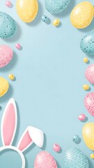 Colorful Easter Eggs and Bunny Ears on Light Blue Background