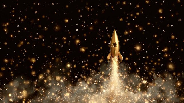 Golden rocket ship blasting off into a starry night sky with sparkling particles