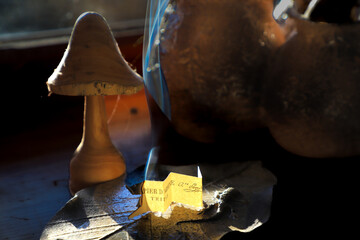 volutes de fum&eacute;e devant une lampe champignon