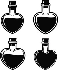 Collection of Heart-Shaped Potion Bottles with Corks - Love Elixir Vector Icons Set