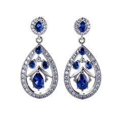 Exquisite pair of teardrop dangle earrings featuring vibrant blue sapphires and surrounding diamonds set in white metal.
