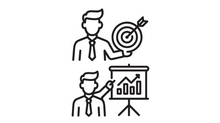 Businessman presenting target and graph in simple line art with black color on white background for marketing strategy
