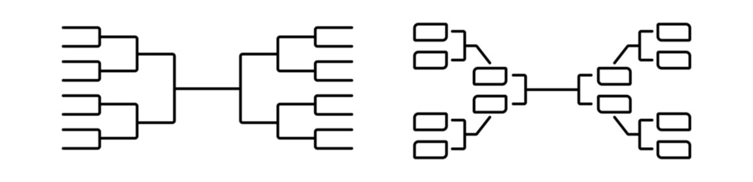 Black and white tournament bracket icons for visualizing competition structures and sports events.