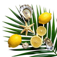Vibrant overhead shot of fresh oysters, lemons, a starfish, and palm leaves against black.
