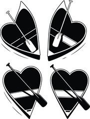 Heart-Shaped Canoes and Paddles: Love for Water Sports Monochrome Vector Set