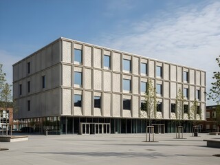 Obraz premium Modern Office Building Exterior: Facade Design with Glass Windows, Bright Daylight & Urban Plaza