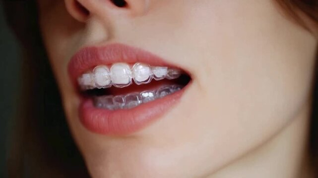 Dental alignment for a confident smile: Close-up of teeth with transparent dental aligners, highlighting the beauty of achieving perfectly aligned teeth