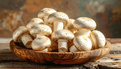 Fresh White Button Mushrooms in Rustic Wooden Bowl on Wood Table
