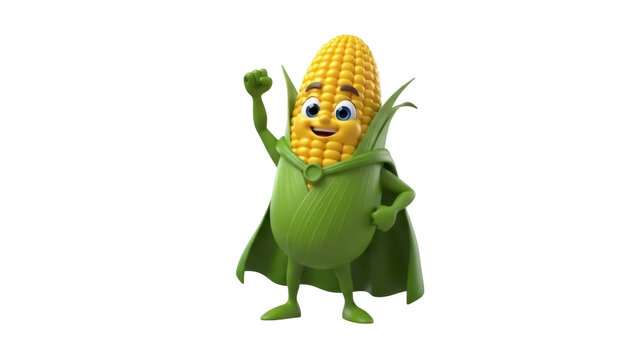 Cartoon corn cob character PNG isolated on transparent background, cheerful mascot with cape for agriculture and healthy eating concepts