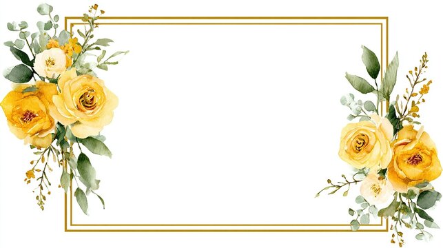 Elegant watercolor yellow rose frame with green foliage for invitations and celebrations