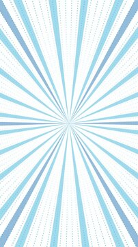 Rotating blue stripes, pop art, starburst. Animated sunburst of dotted lines. Vertical video. Asset for overlay, montage, texture and social media.	
