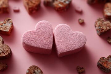 Obraz premium Heart-shaped decorations made of soft material arranged on a pink background create a warm and loving atmosphere perfect for romantic occasions and celebrations