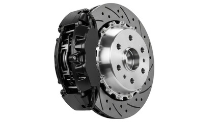Black brake caliper with drilled rotor isolated PNG, high performance braking system for automotive use on transparent background