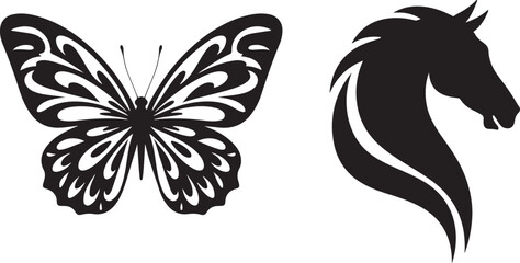Set of two black silhouettes stylized butterfly and horse head profile, perfect for logos, decals, or graphic design elements