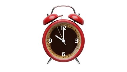 Red alarm clock with coffee inside isolated PNG, creative time management concept for waking up and starting the day with energy and focus