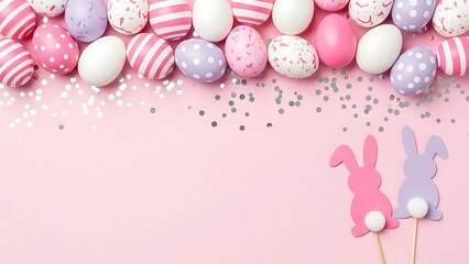 Colorful Easter Eggs and Paper Rabbits on Pink Background