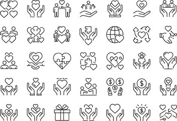 Fototapeta premium Minimal love care and donation icon set featuring hearts support charity community giving symbols outline vector for modern ui design